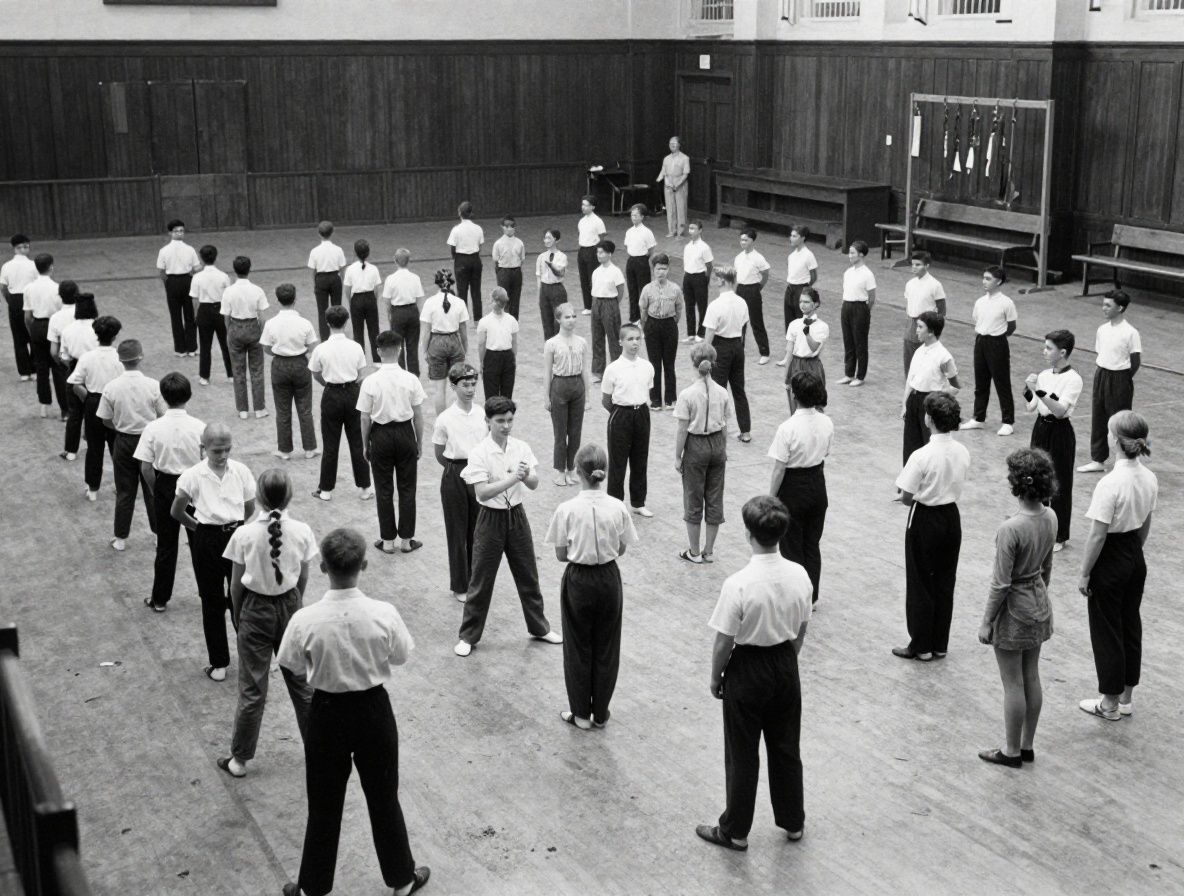 Black and white archival photograph of early 20th century gymnasium class with participants performing calisthenics exercises in a large hall